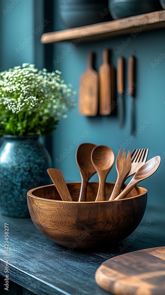 Rustic Kitchen Still Life: Wooden Bowl with Utensils and Flowers on a Blue Background.