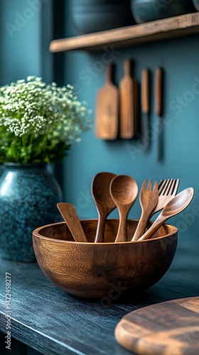 Obraz na płótnie Rustic Kitchen Still Life: Wooden Bowl with Utensils and Flowers on a Blue Background. w salonie