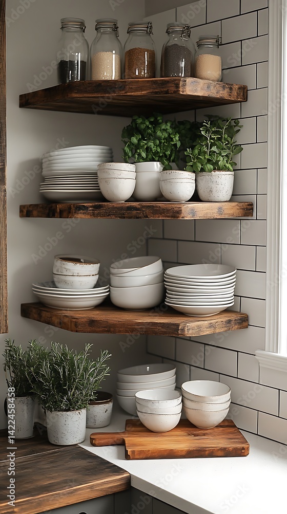 Rustic Kitchen Shelves with White Dishes, Herb Plants, and Jars on Subway Tile Backsplash Display.