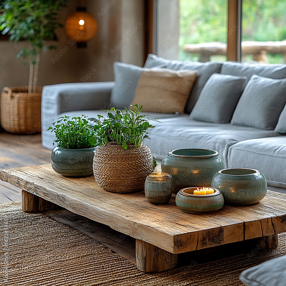 Rustic Living Space: Wooden Table with Decorative Pots, Plants, and a Cozy Couch for Relaxing, Peaceful Home Interiors.