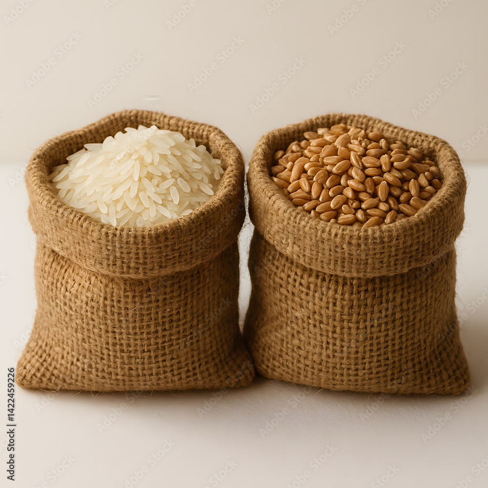 Rice and Wheat Grains in Burlap Sacks Rice and Wheat Grains in Burlap Sacks