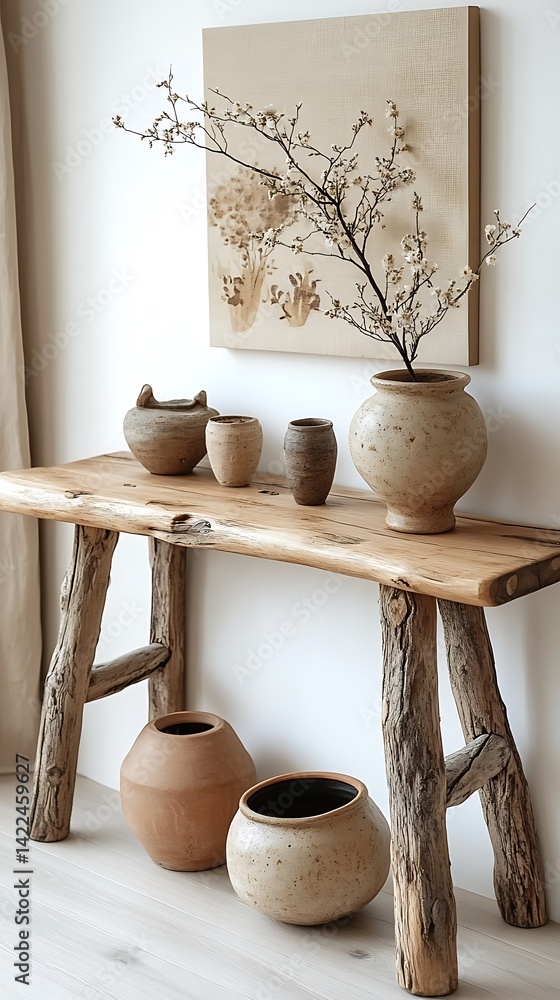 Rustic Wooden Console Table with Ceramic Vases and White Blossoms, Neutral Decor and Modern Art Design.