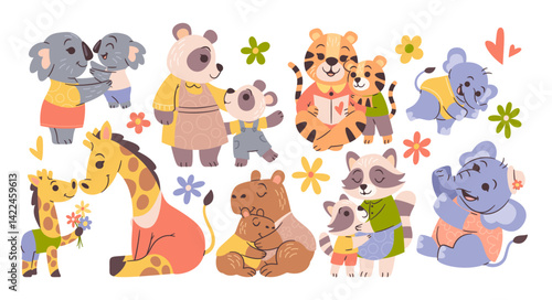 Mothers day hand drawn set with funny cute mom and baby animals in clothes sharing hugs together