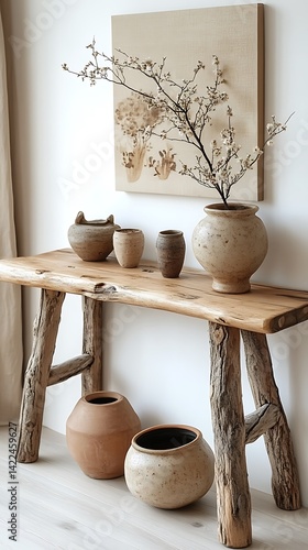 Obraz na płótnie Rustic Wooden Console Table with Ceramic Vases and White Blossoms, Neutral Decor and Modern Art Design. w salonie