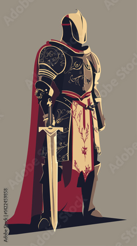 Gallant Knight in Ornate Armor: Minimalist Vector Illustration Embracing Chivalry Legacy