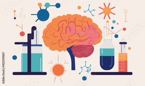 Minimalist Vector Illustration of Brain Chemistry with Vibrant Molecules and Elements