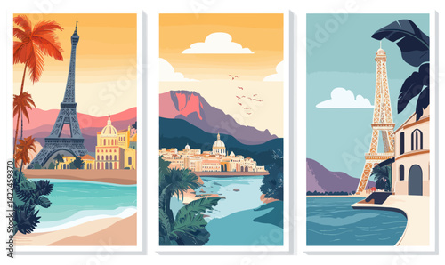 Retro Travel Posters: Paris, Amalfi Coast, San Juan in Vintage Minimalist Style