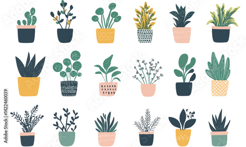 Stylish Doodle Houseplants in Flowerpots Vector Illustration for Decor Ideas