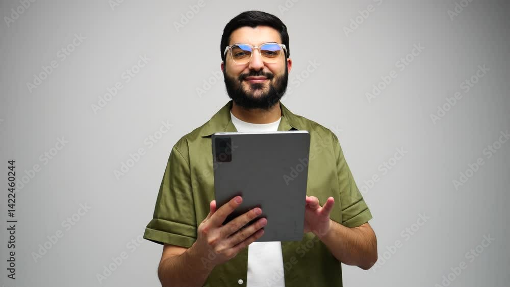 A bearded man in glasses happily browses his tablet, exuding joy and curiosity. A bearded man in glasses happily browses his tablet, exuding joy and curiosity.
