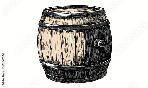 Hand-Drawn Oak Wooden Barrel Sketch in Engraving Style Illustration Vector