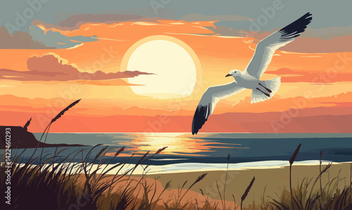 Minimalist Vector Seagull in Flight over Coastal Heath at Sunset