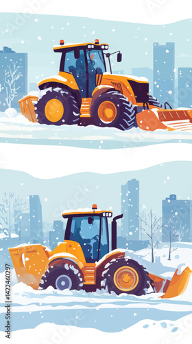 Cartoon Snow Removal Tractors Clearing Winter Paths in Frosty Urban Park