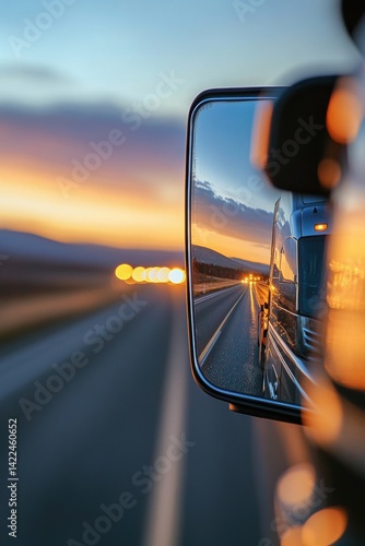Reflection of truck in rear view mirror during sunset