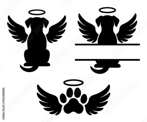 Dog Memorial Vector Bundle: Dog Silhouette, Name Frame, and Angel Paw Print