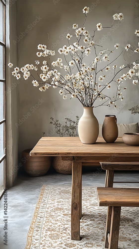 Serene Interior Scene Featuring Wooden Table, Bench, Floral Arrangement in Vases, Neutral Tones, and Textured Rug.