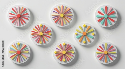 Colorful 3D Firework Bursts with Star Accents on White Background
