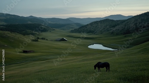 Tranquil mountain valley, lone horse, serene landscape
