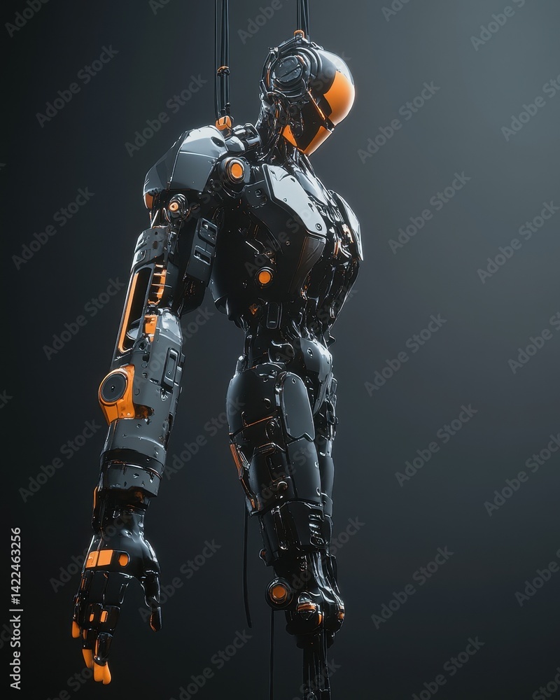 Fototapeta premium Futuristic robotic figure suspended in mid-air.