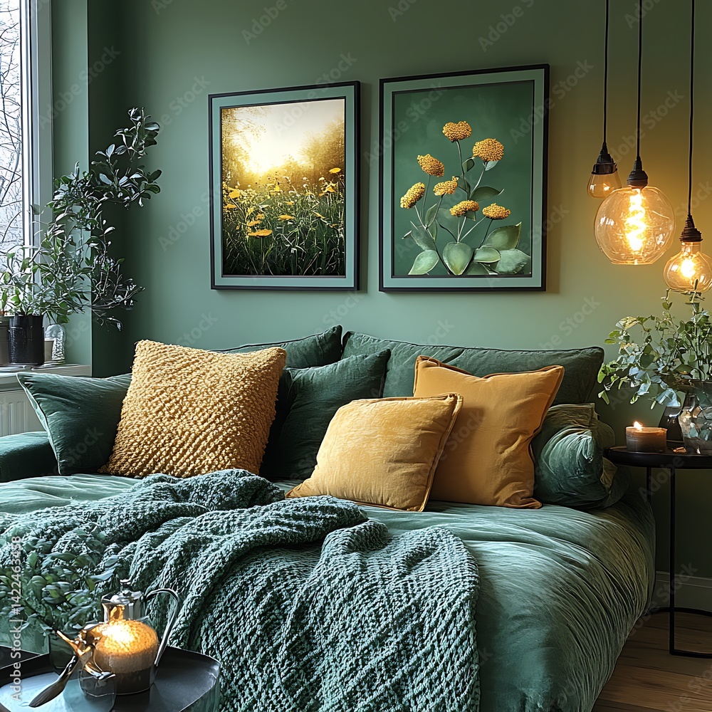 Stylish Green Living Room Decor: Cozy Couch, Floral Art, and Warm Lighting for Relaxation.