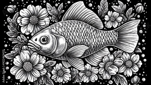 Fish surrounded by flowers, decorative art