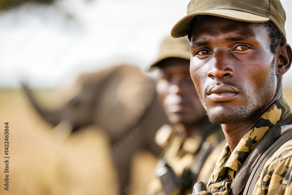 A close-up of a ranger focused on wildlife conservation, with an elephant subtly in the background, highlighting the connection between people and nature. A close-up of a ranger focused on wildlife conservation, with an elephant subtly in the background, highlighting the connection between people and nature.