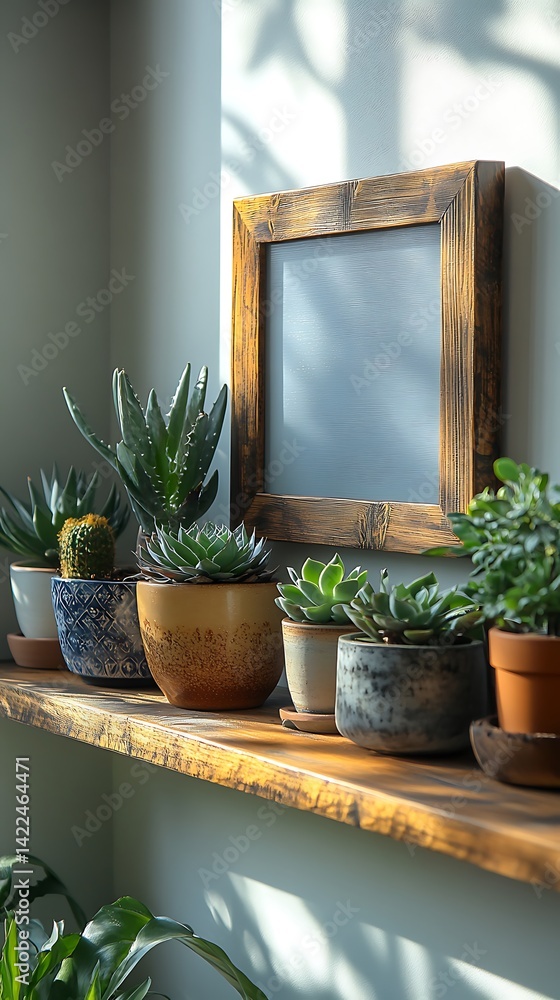 Sunlit Shelf with Succulent Plants and Wooden Frame Offers a Peaceful Indoor Oasis.