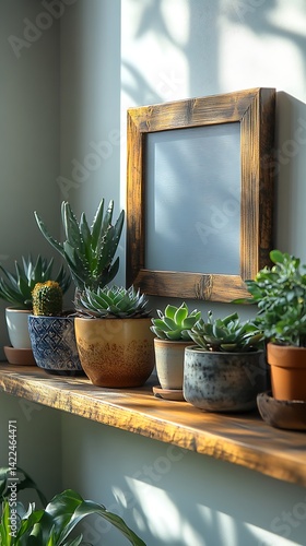 Obraz na płótnie Sunlit Shelf with Succulent Plants and Wooden Frame Offers a Peaceful Indoor Oasis. w salonie
