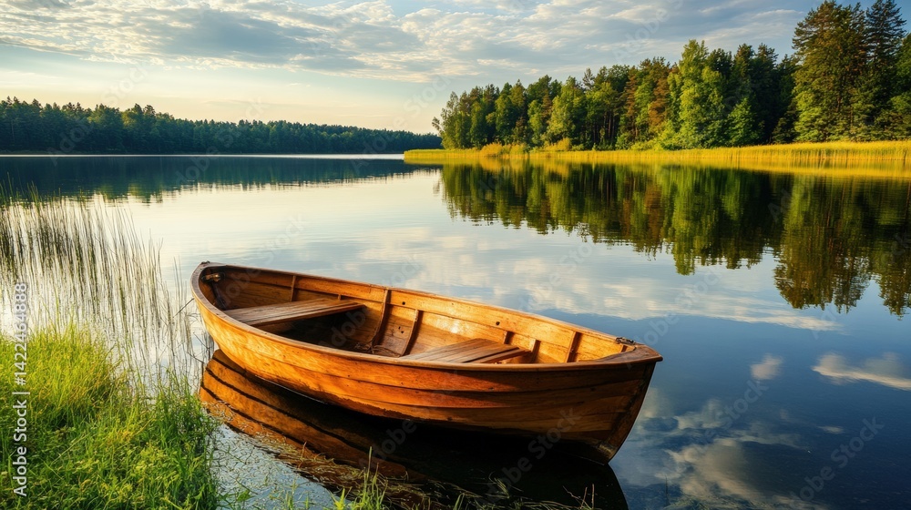 Fototapeta premium A beautiful wooden boat rests peacefully by a calm lake shore
