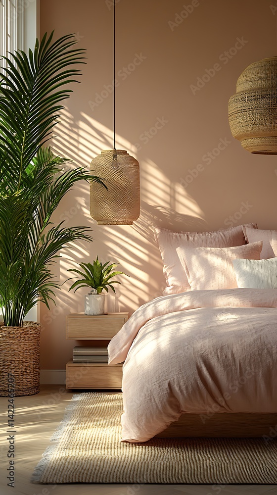 Tranquil Bedroom Interior with Pastel Bedding, Natural Light, Woven Accents, and Green Plants for a Relaxing Atmosphere.