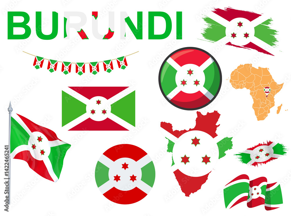 Big set of Burundi ribbons, symbols, icons and flags isolated on a white background, Made in Burundi, Welcome to Burundi, premium quality, Burundi color, set for your infographics, and templates
Big set of Burundi ribbons, symbols, icons and flags isolated on a white background, Made in Burundi, Welcome to Burundi, premium quality, Burundi color, set for your infographics, and templates
