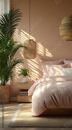 Obraz na płótnie Tranquil Bedroom Interior with Pastel Bedding, Natural Light, Woven Accents, and Green Plants for a Relaxing Atmosphere. w salonie