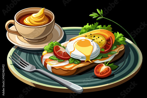 vector of Plate with tasty egg Benedict and cup of coffee on black background
