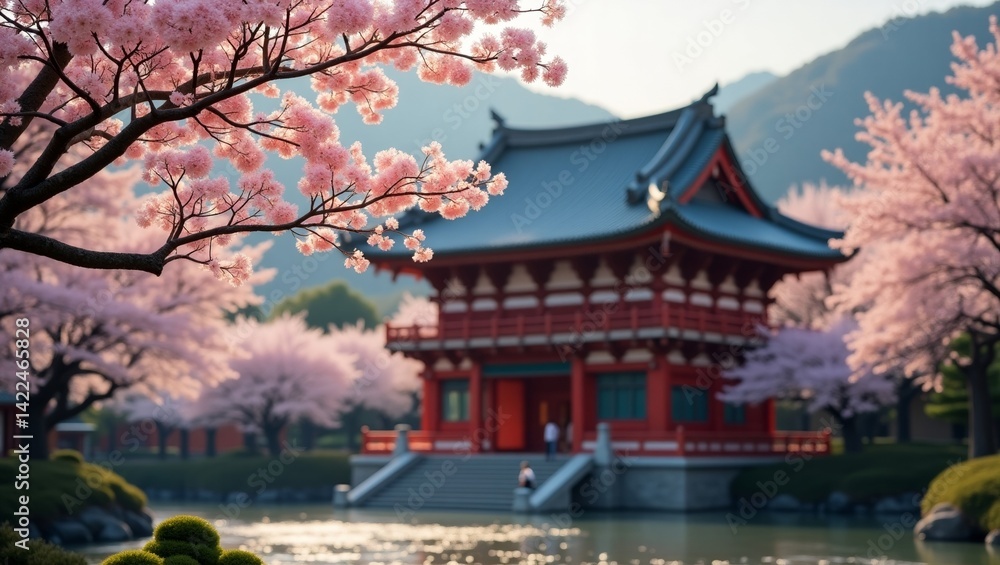 Serene Japanese Garden with Cherry Blossoms Serene Japanese Garden with Cherry Blossoms