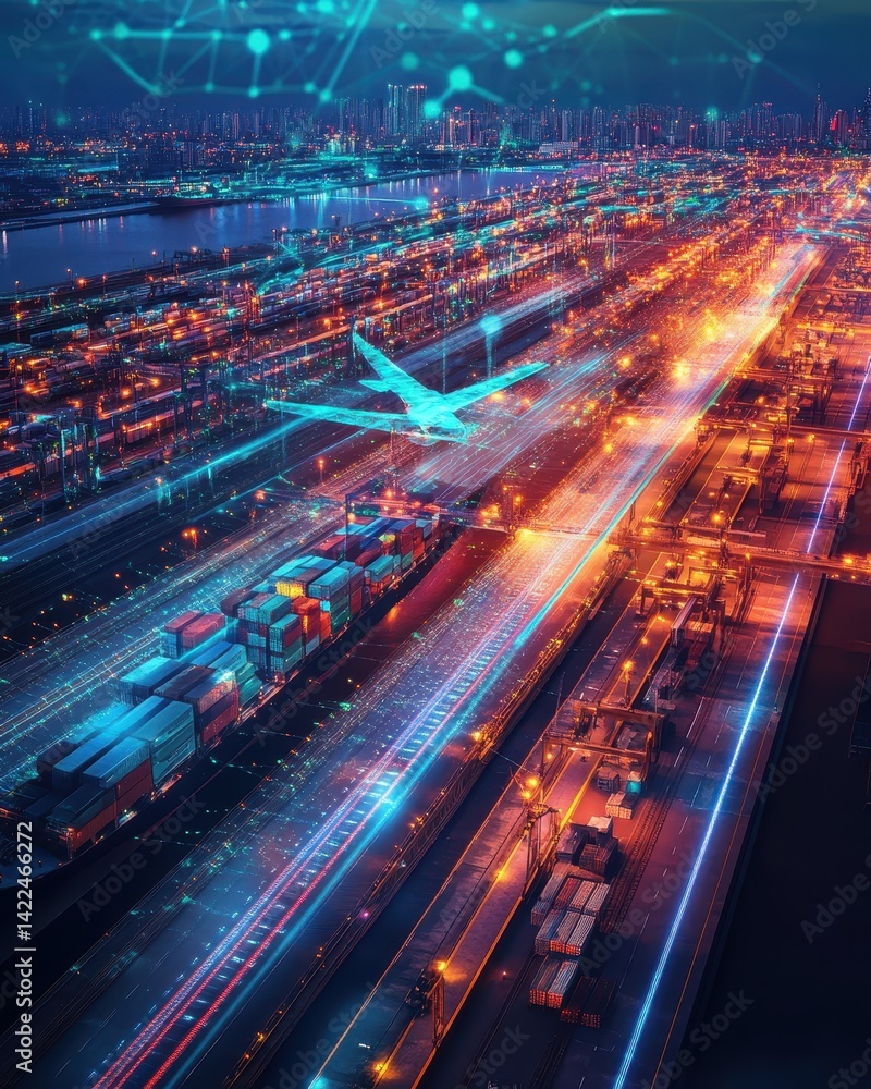 Globalized cargo transport, illuminated by technology. Globalized cargo transport, illuminated by technology.