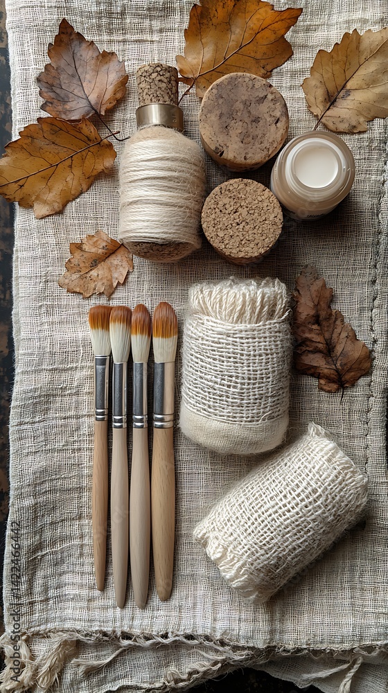 Artistic Still Life: Brushes, Natural Yarns, Corks, Cream Container, and Dried Leaves on Woven Linen Backdrop, Creative Arrangement, Natural Materials, Minimalist Composition.