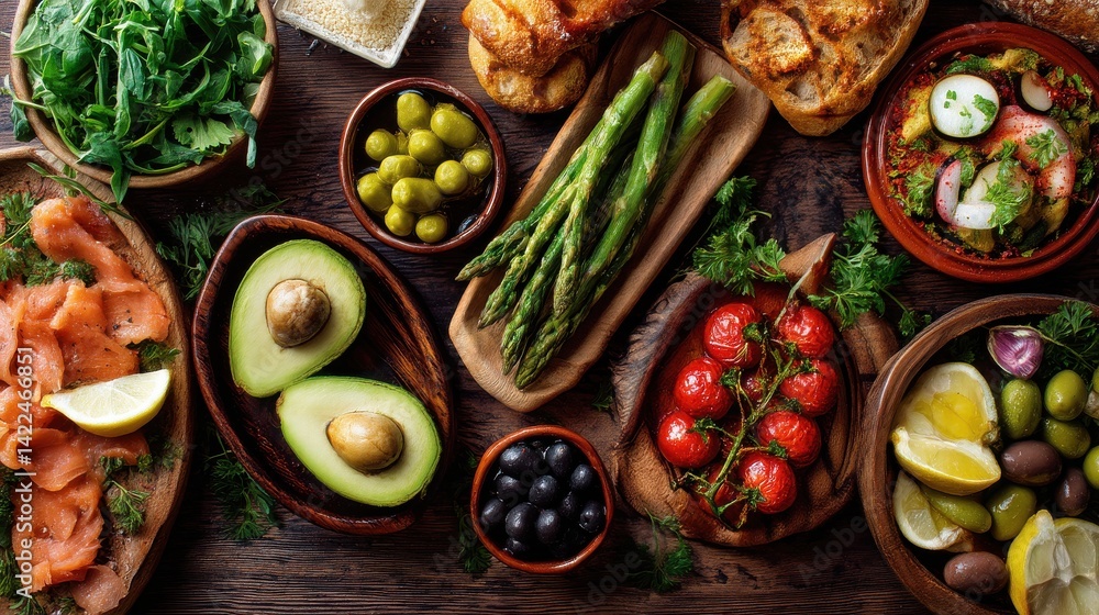 A delicious and healthy spread of Mediterranean-inspired appetizers. Fresh ingredients abound in this vibrant food photography. A delicious and healthy spread of Mediterranean-inspired appetizers. Fresh ingredients abound in this vibrant food photography.