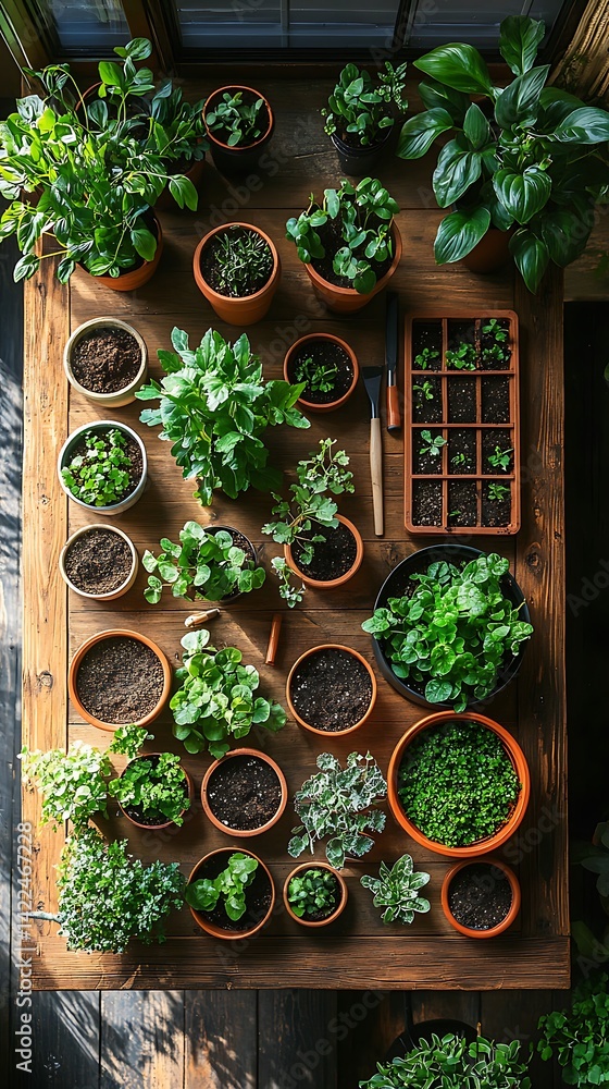 Assorted potted plants on wooden table under natural light creating a vibrant botanical display for home decor.