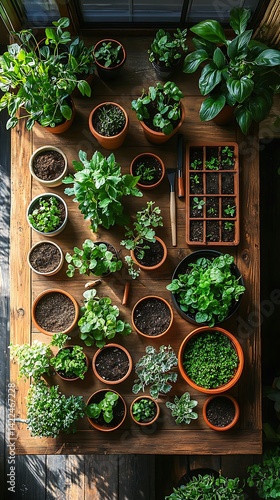 Obraz na płótnie Assorted potted plants on wooden table under natural light creating a vibrant botanical display for home decor. w salonie