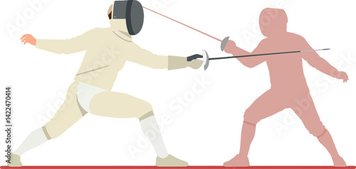 Two athletes engaged in fencing match with protective gear and swords in action 
