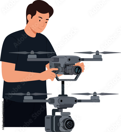 Man Operating Professional Drone Camera for Aerial Photography and Videography Vector Illustration 