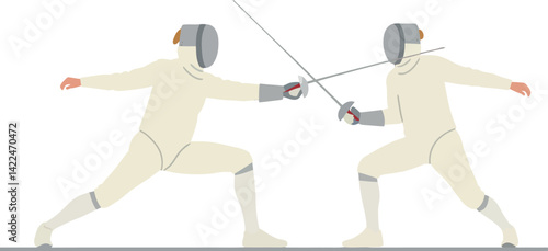 Fencing duel between two athletes in white protective gear with swords vector illustration 
