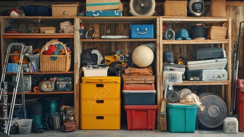 Overstuffed Garage Storage Shelving Units Packed with Assorted Items