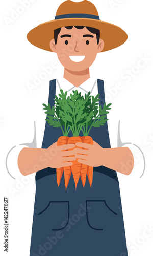 Farmer holding fresh carrots in apron and hat cheerful healthy vegetable harvest vector illustration 