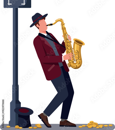 Saxophone player performing next to street lamp playing jazz music vector illustration 