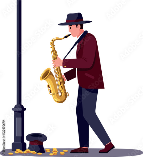 Saxophone player performing on street with hat and coins vector illustration 