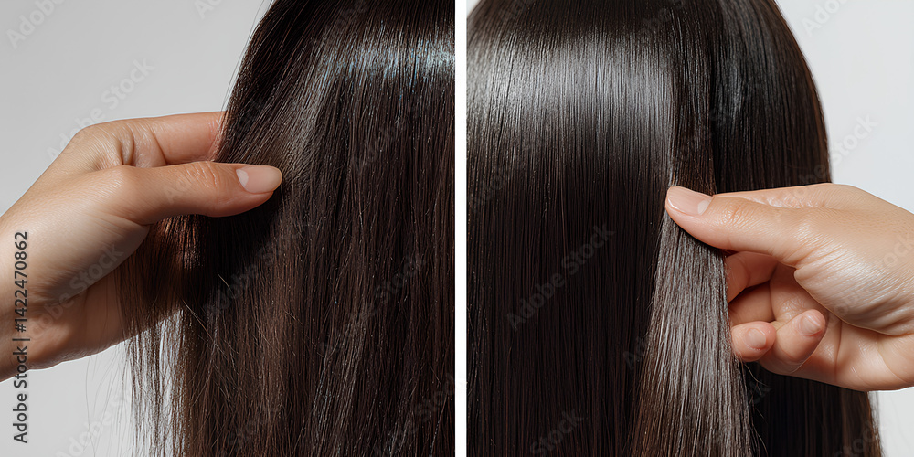 Fototapeta premium Before and after comparison of dry frizzy hair and smooth healthy hair after treatment