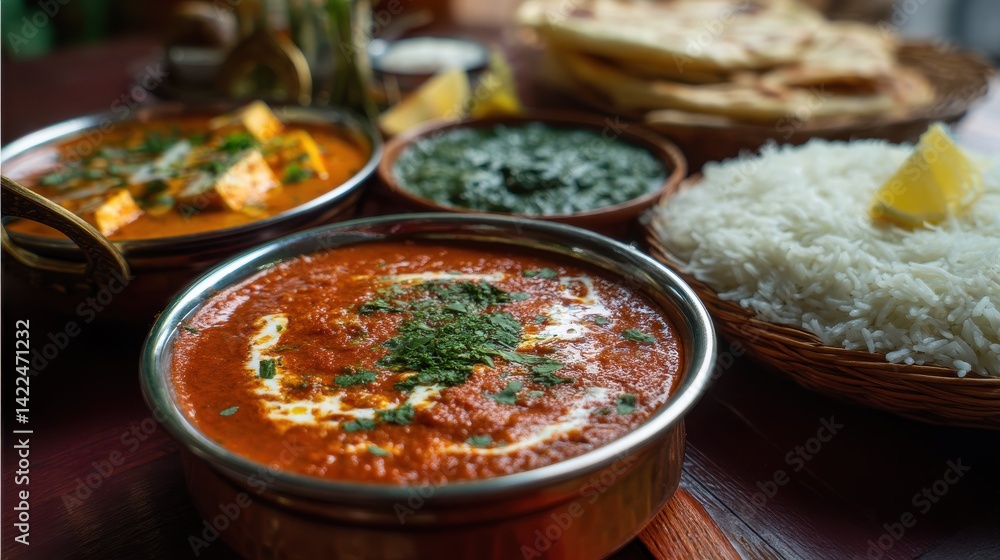 Aromatic Indian dishes: butter chicken, paneer tikka masala, saag paneer, and fluffy basmati rice. A vibrant culinary experience. Aromatic Indian dishes: butter chicken, paneer tikka masala, saag paneer, and fluffy basmati rice. A vibrant culinary experience.