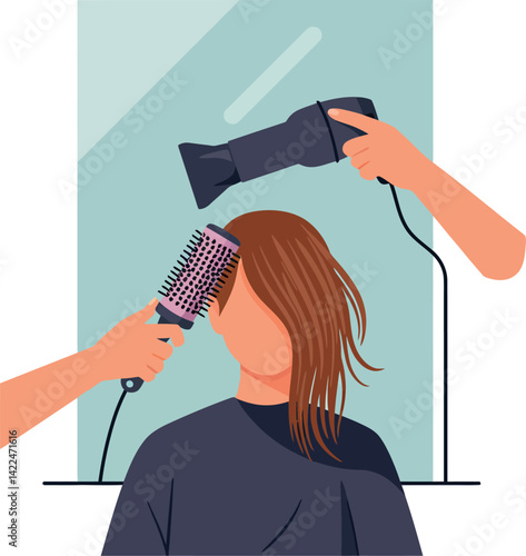 Hair styling with hairdryer and round brush in salon mirror natural colours vector illustration 