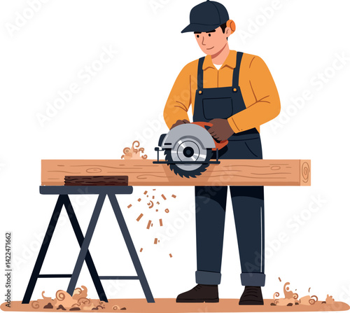Carpenter using circular saw cutting wood plank on sawhorse in workshop vector illustration 
