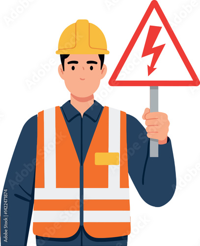 Construction worker holding electrical hazard warning sign in safety vest and helmet vector illustration 